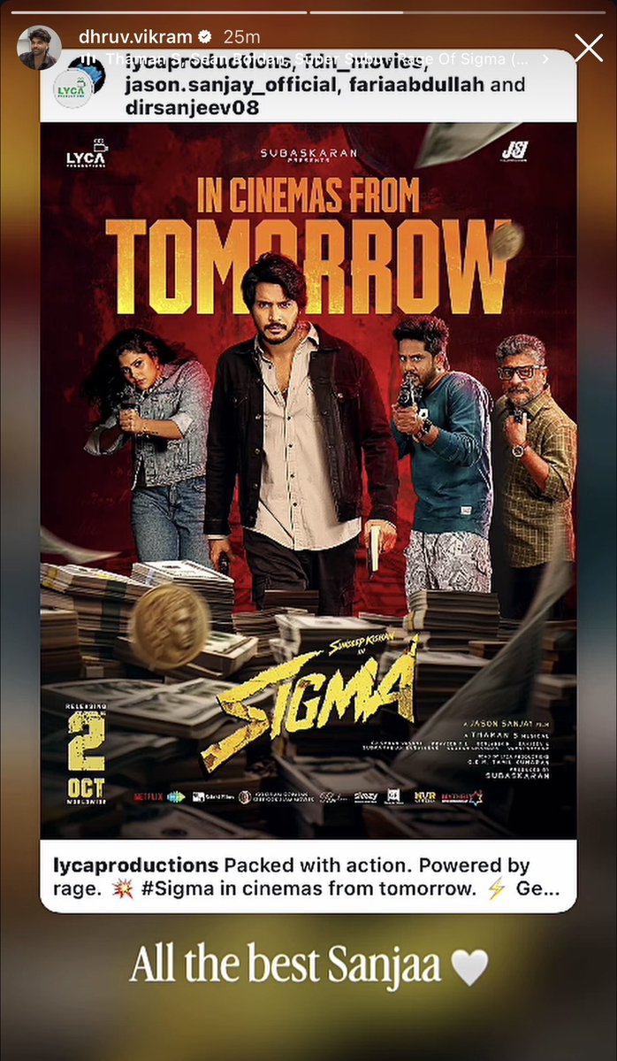 Shiivaa4's tweet photo. #DhruvVikram sending his love to @official_jsj Jason Sanjay for #Sigma! 🔥

“All the best Sanjaa” 🤍
That’s the kind of friendship fans love to see! ❤️‍🔥

#Jackie @Chiyaan #ChiyaanVikram https://t.co/JitQvhMYrG