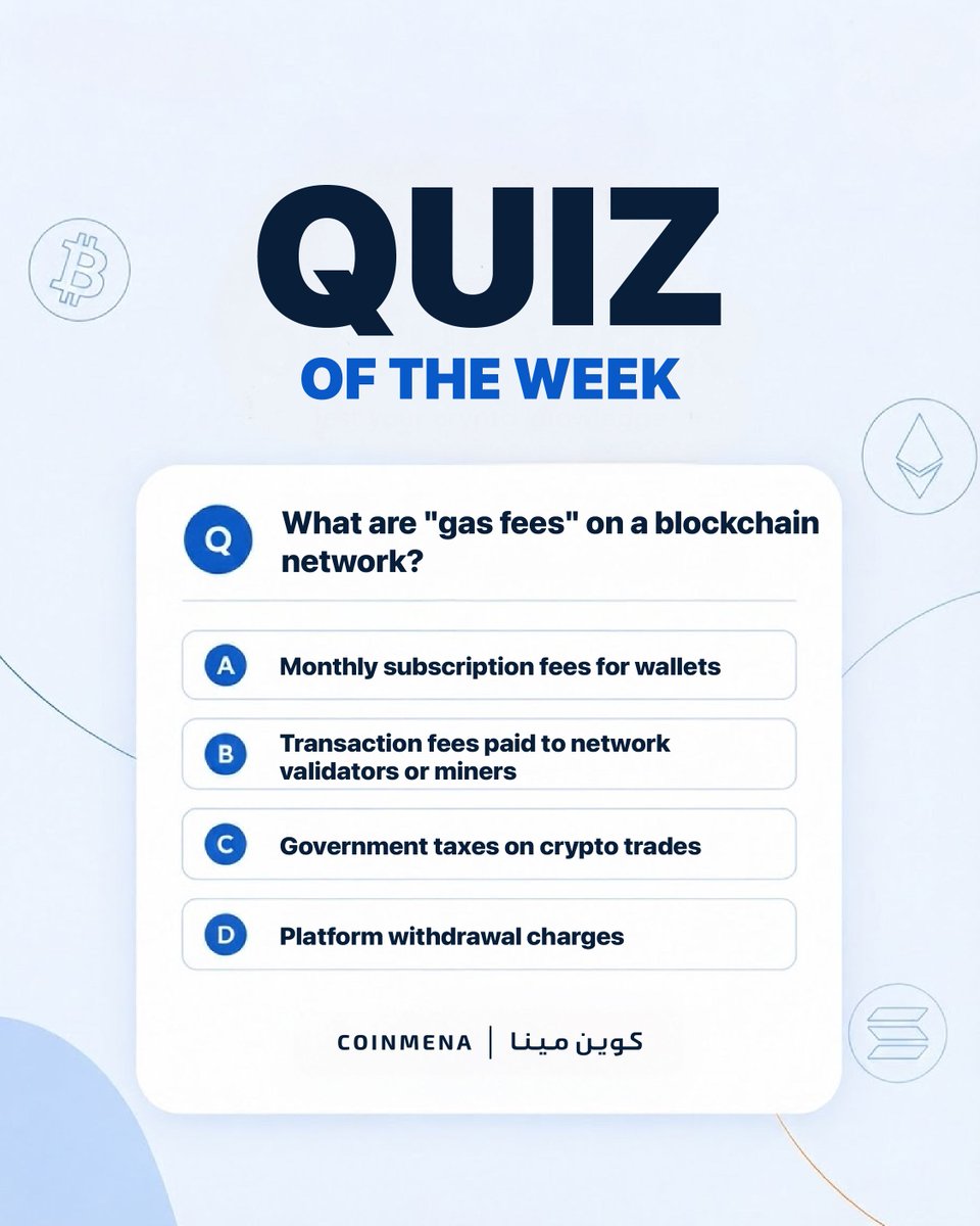 CoinMENA's tweet photo. Test your crypto knowledge with this week's quiz. ⛽ Every time you send a transaction on Ethereum, you pay a gas fee. Who actually receives these fees? Comment your best guess below! 💡 https://t.co/lv7fFib95y