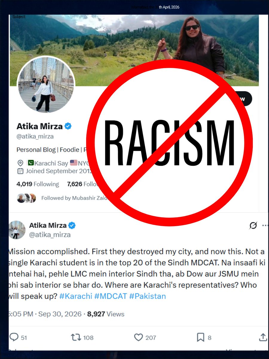 Shehzad89's tweet photo. The level of hatred oozing out of people is nauseating. The 'Us vs Them' language belongs in Nazi propaganda but it is being posted in Pakistan and masquerading as a call for rights.

Let's break down the levels of racism in this post.

First is the hatred for the 'other' and an alienation of people. The idea that the city belongs to her and Sindhis are outsiders. This language of exclusion that paints people as being from 'interior' is what leads to hatred and then the other side responding with racism and painting people as being from Lucknow/UP. 

This entire ghair maqaami discourse is nothing short of hate speech.

The fact that people feel so comfortable sharing comments like this that they would be arrested for in other countries shows the level of brainwashing in Pakistan.

This is akin to a white person posting a picture of black people and saying "they have destroyed my city - this is unfair texas ko sab africa kay logo say bhar do - where are America's representatives".

This is even worse than that because Karachi is the capital of Sindh, and has been a part of Sindh since its inception for centuries. 

Facts don't matter to racists though and the racist coverage of events is such that any loss of privilege is seen as a loss of rights. Perceptions govern realities. 

What she feels is a loss of her rights is that Sindhis are in LMC, DOW and JSMU.

Liaquat Medical College started as a medical school in 1881. It was a Sindhi institution before Pakistan even existed.

DOW was founded by the Government of Sindh in 1945.

JSMU was established under Zulfiqar Ali Bhutto in 1973.

But for racists like Atika Mirza seeing Sindhis studying in these Universities is "interior say log bhar dena" - they are not Karachi's representatives. This is dog whistling of the highest order.

This generation of MQM's brainwashed idiots who are unable to see any issue beyond their ethnic prejudice come up with such levels of racism that they would be sued for their hate speech in other countries.

The entire coverage of the MDCAT results has been coloured with the same racism. There is corruption and favouritism, we have highlighted that in the case of SPSC and done a podcast detailing that. In that case Karachi was favoured over students from other cities so the media has not highlighted the weeks long protest against the Sindh Public Service Commission.

However, the fact that nobody from Karachi made it to the top 20 in the MDCAT results in of itself becomes oppression and the entire story is covered by the media with ethnic hatred.

Is there any evidence? 

Just the fact that somebody outside Karachi managed to do better than a student from Karachi becomes a problem.

And that turns into a Sindhi-Muhajir thing whereas Sindhis live in Karachi too and Muhajir live all over Sindh.

Nobody from Sindh urban made it to the top 150 of the CSS 2025 Federal Government under BS 17 posts. Is the federal government also anti-muhajir? Unho nay bhi nainsaafi kardi Karachi kay saath?

Students from Sindh rural made it. 

If you actually bother stepping outside of your bubble you will see how hard students from across Sindh work on these exams. They line up outside libraries before they open, they spent every waking minute studying for it, and hating them because they perform well and your racist brain cannot compute how somebody from Sindh can do well on an exam just shows how braindead your racist worldview is.

If all of it is just "nainsaafi" why are Sindh rural students outperforming Sindh urban students in the federal exams?

But you need a functioning brain to think beyond your prejudices, which people like Atika Mirza do not have.

They have lived a life of privilege, and they see all those privileges as their rights. 

In their worldview, Karachi only belongs to Muhajirs. This is their city. "They" are the Sindhis who should be ethnically cleansed. A person whose family may have lived in Karachi for 200 years but if they study in LMC, JSMU or DOW Atika Rehman will see that as "interior say bhar diye hain"

JSMU, LMC and DOW was promised to Atika Rehman 7000 years ago.