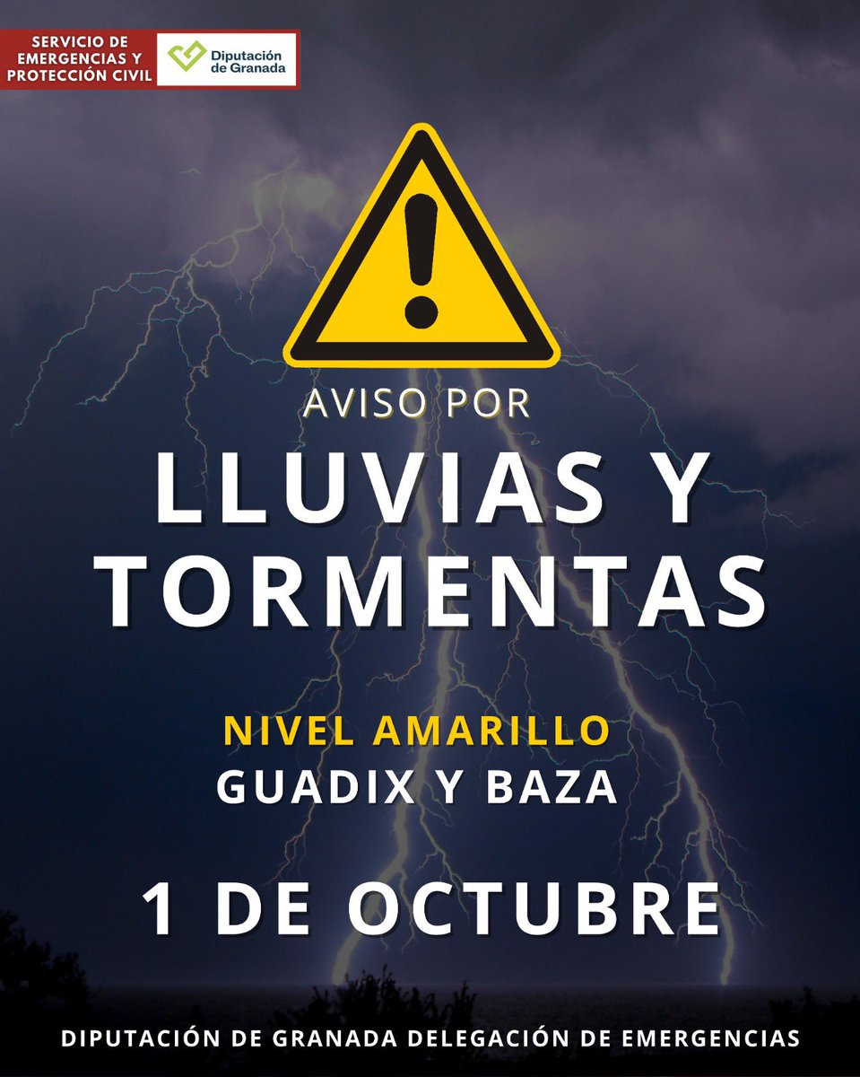 Asvogra's tweet photo. 🟡 AVISO AMARILLO POR LLUVIAS Y TORMENTAS
⚠️ La @AEMET_Esp activa hoy jueves 1 de octubre por lluvias y tormentas en la zona de Guadix y Baza (Granada)
🌧️ Se prevén precipitaciones que pueden alcanzar los 15 mm en 1 hora
⏰ El aviso permanecerá activo desde 14:00 hasta las 23:59 https://t.co/AbhlcmA7uh