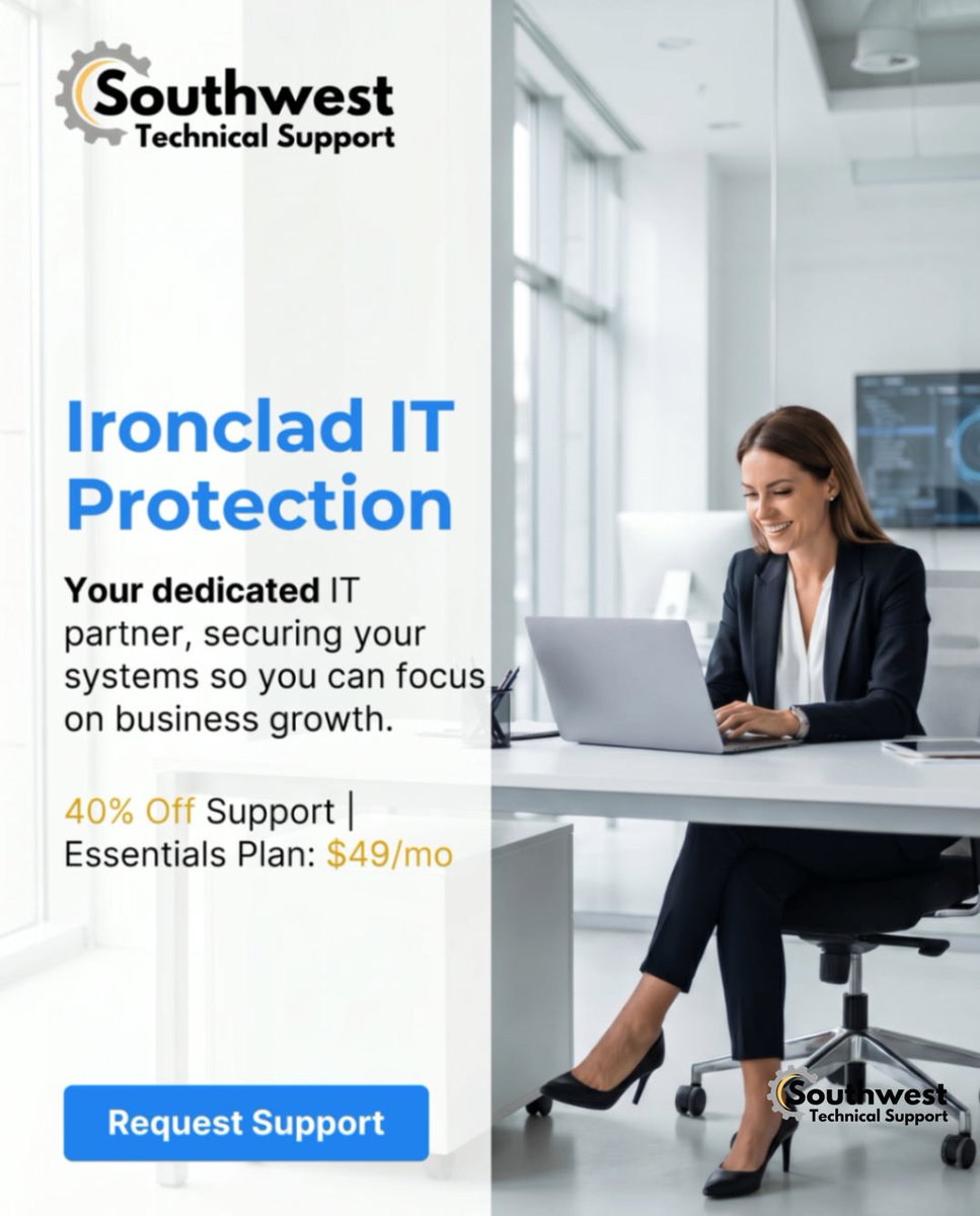 SupportSwt26513's tweet photo. Stop worrying about IT issues. We provide ironclad protection and proactive support starting at $49/mo. Let us handle the tech so you focus on growing your business. Reach out today! 💻🚀 #IT #Security #Tech #SMB https://t.co/56inLATcT9