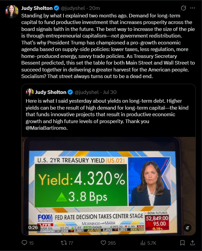 silvertrade's tweet photo. 🚨JUDY SHELTON SUGGESTS EXPLODING BOND YIELDS MAY BE THE RESULT OF HIGH DEMAND FOR LONG-TERM CAPITAL‼️ 

🏦SHELTON IS "STANDING BY WHAT I EXPLAINED 2 MONTHS AGO": TRUMP'S PRO-GROWTH ECONOMIC AGENDA IS RESULTING IN INNOVATIVE PROJECTS & ECONOMIC GROWTH

👀So we DON'T have a BOND CRISIS⁉️ It's all just explosive demand for long-term capital because the US Economy is so hot??
https://t.co/Hzur0qMqaN