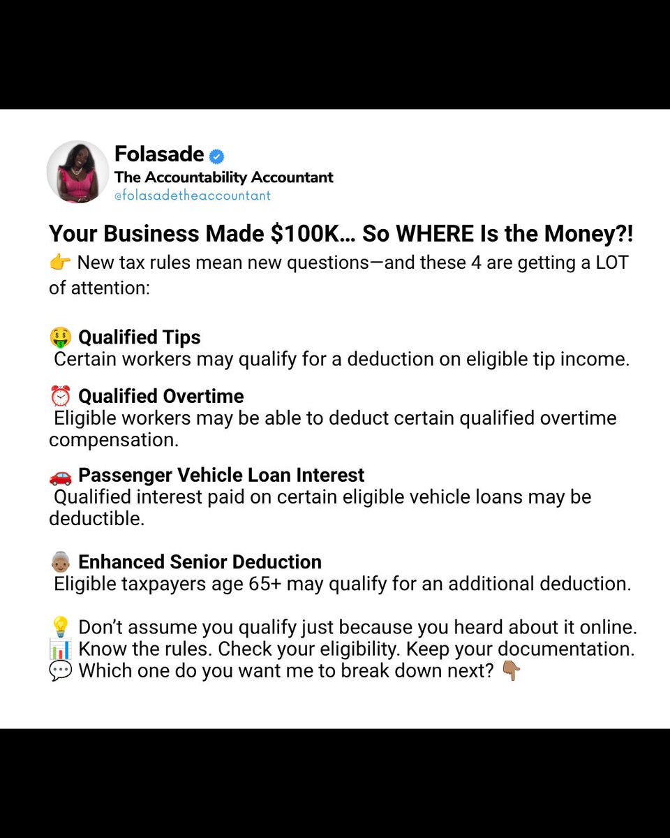 FolasadeAyegbus's tweet photo. New tax rules are creating a LOT of questions this year. π
I'm covering all four of these β one at a time β throughout October.
Comment which one applies to YOU and I'll make sure I get to it early.
#TaxUpdates #TaxTips #AccountabilityAccountant https://t.co/FqZqd6c9CO