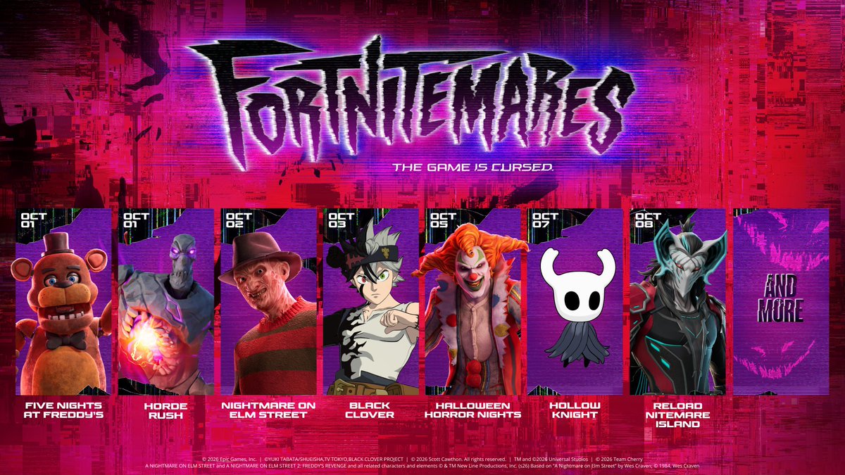 FN_Assist's tweet photo. FORTNITEMARES 2026 SCHEDULE!

PART 1
- TODAY = FNAF &amp; Horde Rush
- Oct 2nd = Freddy Krueger
- Oct 3rd = Black Clover
- Oct 5th = Jack the Clown (HHN)
- Oct 7th = Hollow Knight
- Oct 8th = Reload Nitemare Island &amp; Kado Thorne
- &amp; MORE...

Part 2
- Oct 15th = To be revealed... https://t.co/u9T401wZxa