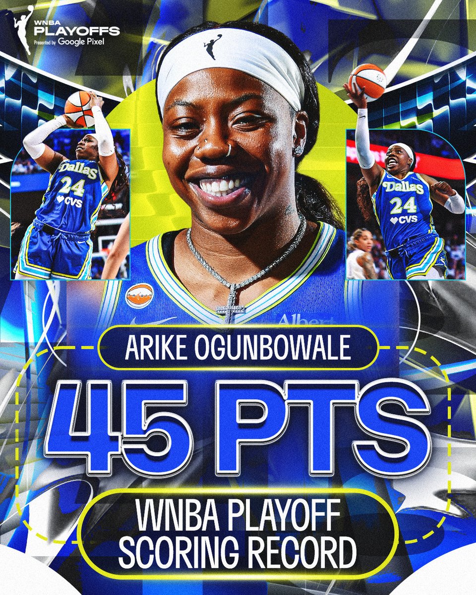 WNBA's tweet photo. 45 PIECE FOR THE HISTORY BOOKS 🔥

Arike Ogunbowale scored a WNBA Playoff-record 45 points, including the game-tying three with 4.1 seconds left, to lead the @DallasWings to an OT dub and send this series to a win-or-go-home Game 3. 

2026 WNBA Playoffs presented by Google Pixel | @madebygoogle