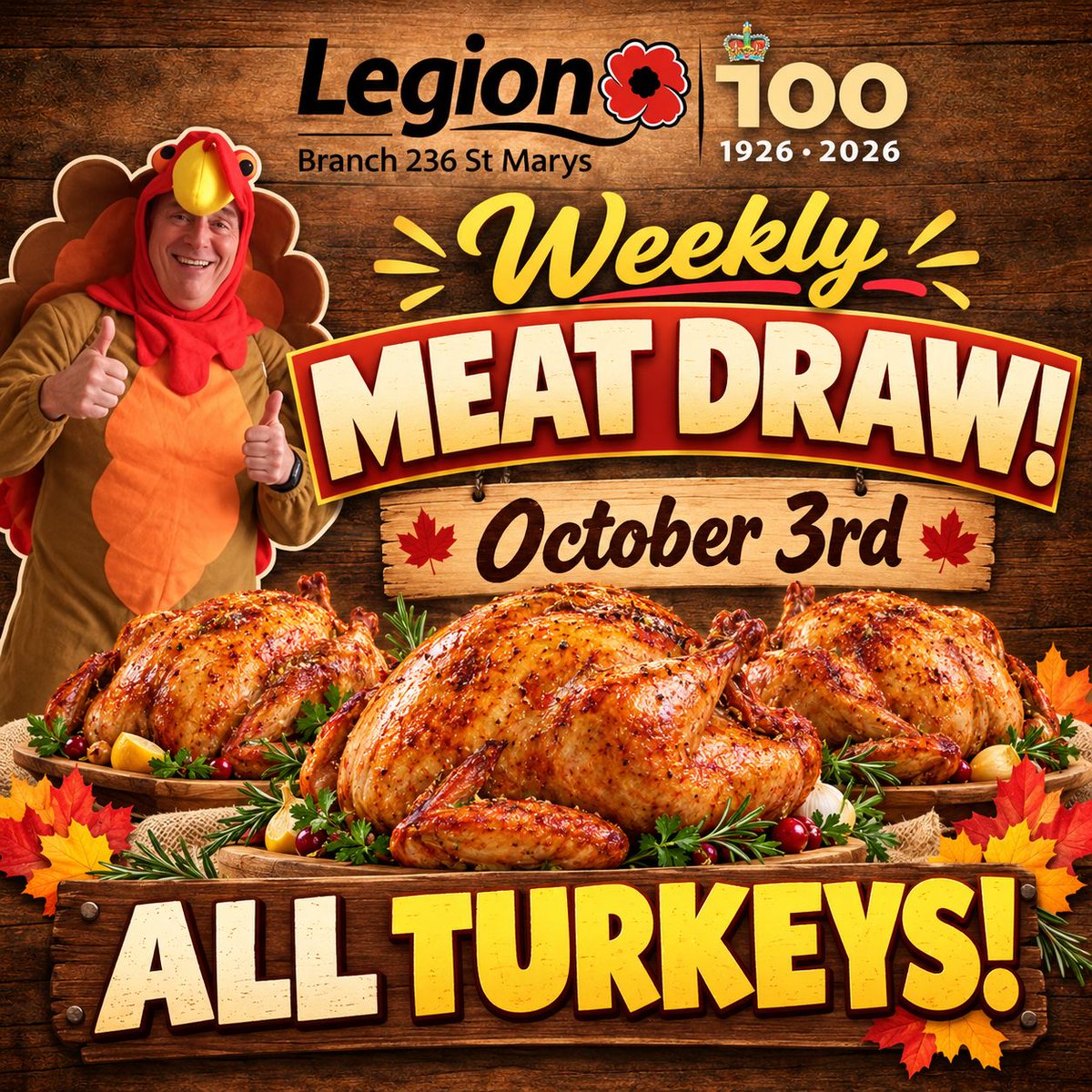 RCL236StMarys's tweet photo. Come out Saturday for our Special All Turkeys Meat Draw!
$5 gets you 5 tickets
Draw starts at 5 PM
See you there!
#Meatdraw #StMarysON #RCL236 https://t.co/6euBGnLp7f
