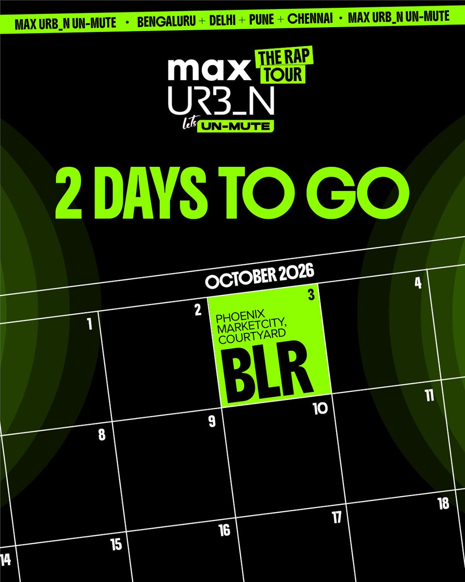 maxfashionindia's tweet photo. BLR, you've been warned.โ
3rd Oct. Phoenix Marketcity Courtyard. REBLE + RAHUL DIT-O + MC BIJJU โ one stage, zero chill.โ
Tickets on @bookmyshow . โ
Don't be the one still deciding when it's sold out.โ
MAX URB_N UN-MUTE ๐โ
โ#MaxFashion #MaxURBN #MaxURB_NUNMUTE #URB_NUNMUTE #IndiaGetsLoud