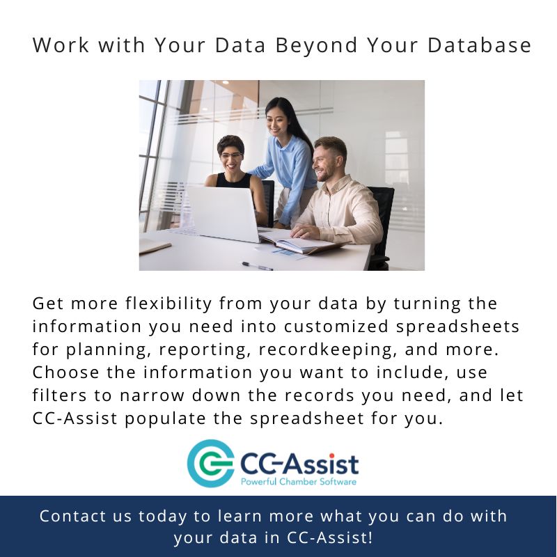 ChamberData's tweet photo. Make your data easier to use with customized spreadsheet exports from CC-Assist! #FeatureOfTheWeek
https://t.co/qLEblRM081 https://t.co/ouijDBS7a3