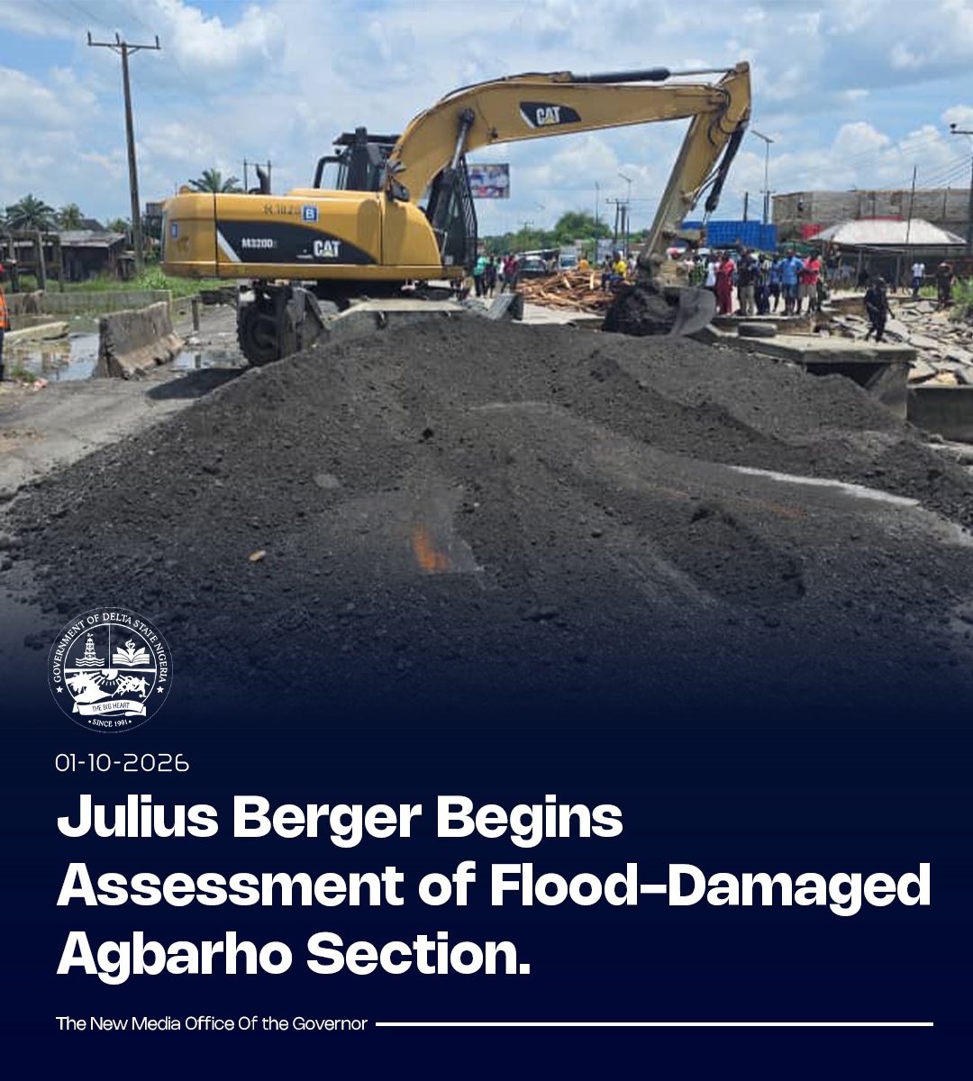 DSGovernment's tweet photo. Following Governor Sheriff Oborevwori’s directive, Julius Berger has mobilised to the Agbarho section of the East-West Road to assess the flood-damaged portion of the highway.

The engineering team has commenced an on-site inspection of the affected section to determine the extent of the damage and the appropriate intervention required.

The assessment will provide the technical basis for the next steps towards addressing the impact of the flood and restoring safe movement along the affected corridor.