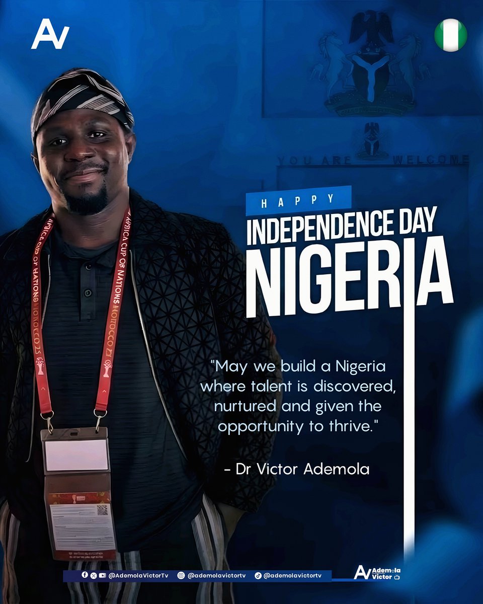 AdemolaVictorTv's tweet photo. Happy Independence Day, Nigeria 

A country with so much talent deserves the structures to discover it, nurture it and give it a platform to shine.

From our athletes to our footballers and the millions of young Nigerians pursuing their dreams, may we keep building a Nigeria where talent can truly thrive.

Happy Independence Day, Naija.