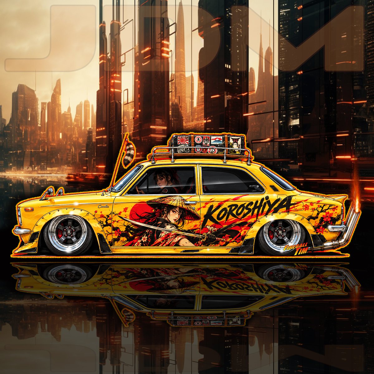 fireballtim's tweet photo. Today’s FIREBALL AUTOPOP ART is a JDM 1966 Toyota Corolla, cruisin’ the streets of New Tokyo!!  Now on MUGS and PUZZLES!! Check 'em out! What other JDM Cars should I do?? https://t.co/BIHQPKTYoX https://t.co/Cxm32JUc1w