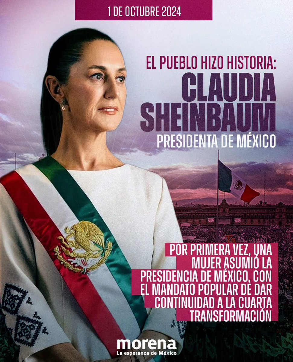 MorenaMichoacan's tweet photo. ¡PresidentA! 🫡🇲🇽

La historia de México cambió para siempre: por primera vez, una mujer llegó a la Presidencia de la República.

Claudia Sheinbaum recibe el legado de una lucha que puso al pueblo al centro y abre una nueva página de la Transformación.

#HonestidadYResultados https://t.co/zVVariwqsp