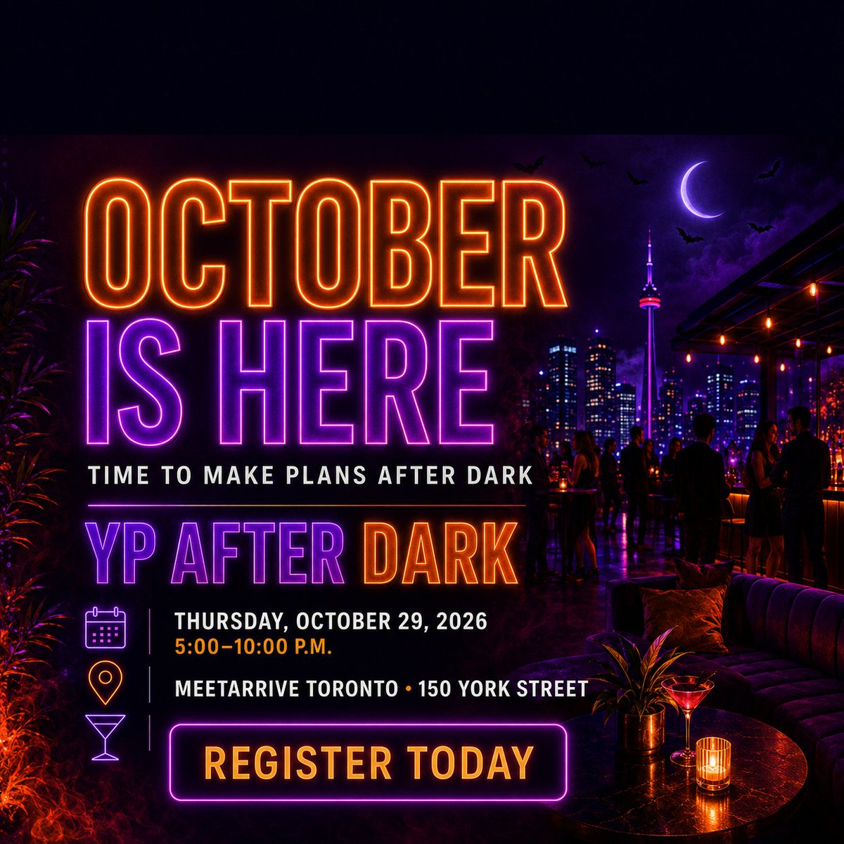 IFMAToronto1's tweet photo. October is here. In four weeks, YP After Dark takes over MeetArrive Toronto for an evening of connection and Halloween fun. Don’t leave your plans to the last minute. https://t.co/yhQhUBc8yT 

#IFMAToronto #YPAfterDark #HalloweenSocial https://t.co/2XrTDUx1Et