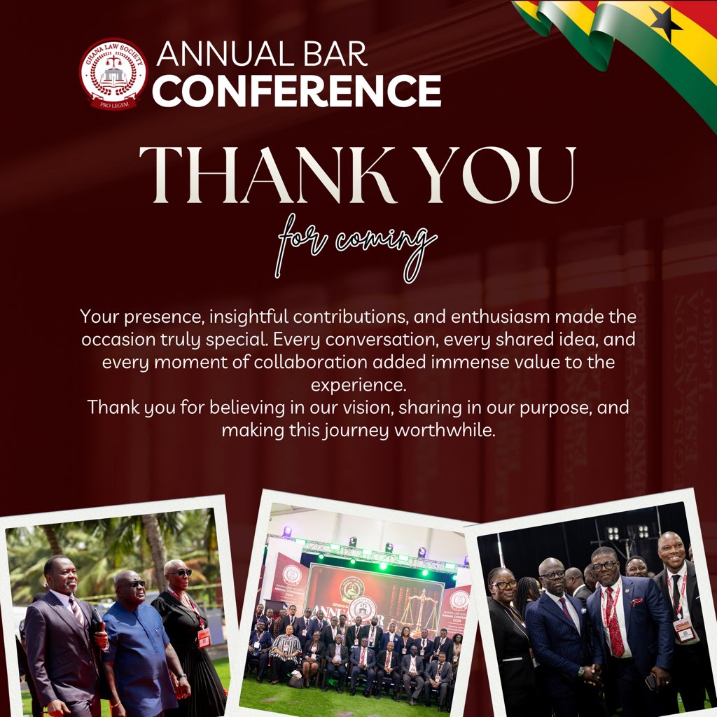 GHLawSociety's tweet photo. The GLS maiden Annual Bar Conference won’t have been a success without you our esteemed guest. We are immensely grateful for your participation and presence. Ayekoo!
Stay tuned for more updates about the Ghana Law Society.
#GLSBarConference2026
#GhanaLawSociety
#prolegem https://t.co/zqI4l0homp
