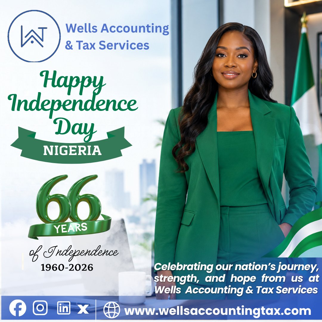 WellsAccountax's tweet photo. Happy Independence Day, Nigeria!
A new month is another opportunity to build.
To improve.
To move your business forward.
As we celebrate our nation, we also celebrate every entrepreneur, business owner, and professional working hard to create opportunities.
#wellsaccounting https://t.co/zmWvJggRGx