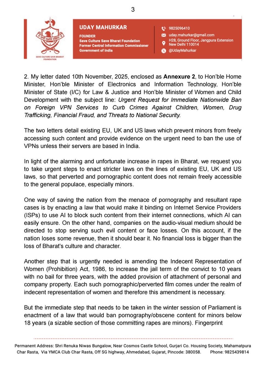 UdayMahurkar's tweet photo. My letter to Hon PM @narendramodi appealing to him to make strict laws to curb p0rnography , 1 of the main causes of r@pe cases in the country. It says if Bharat wants to realise its dream of becoming Vishwaguru, as predicted by Vivekanand & other saints, then this step is a must. 

It says over 16 countries have banned p0rnography for minors & India should do the same without delay. 

This is a must-read letter for all those who want to know main cause  of horrible r@pe cases in the country & the solution to the problem.