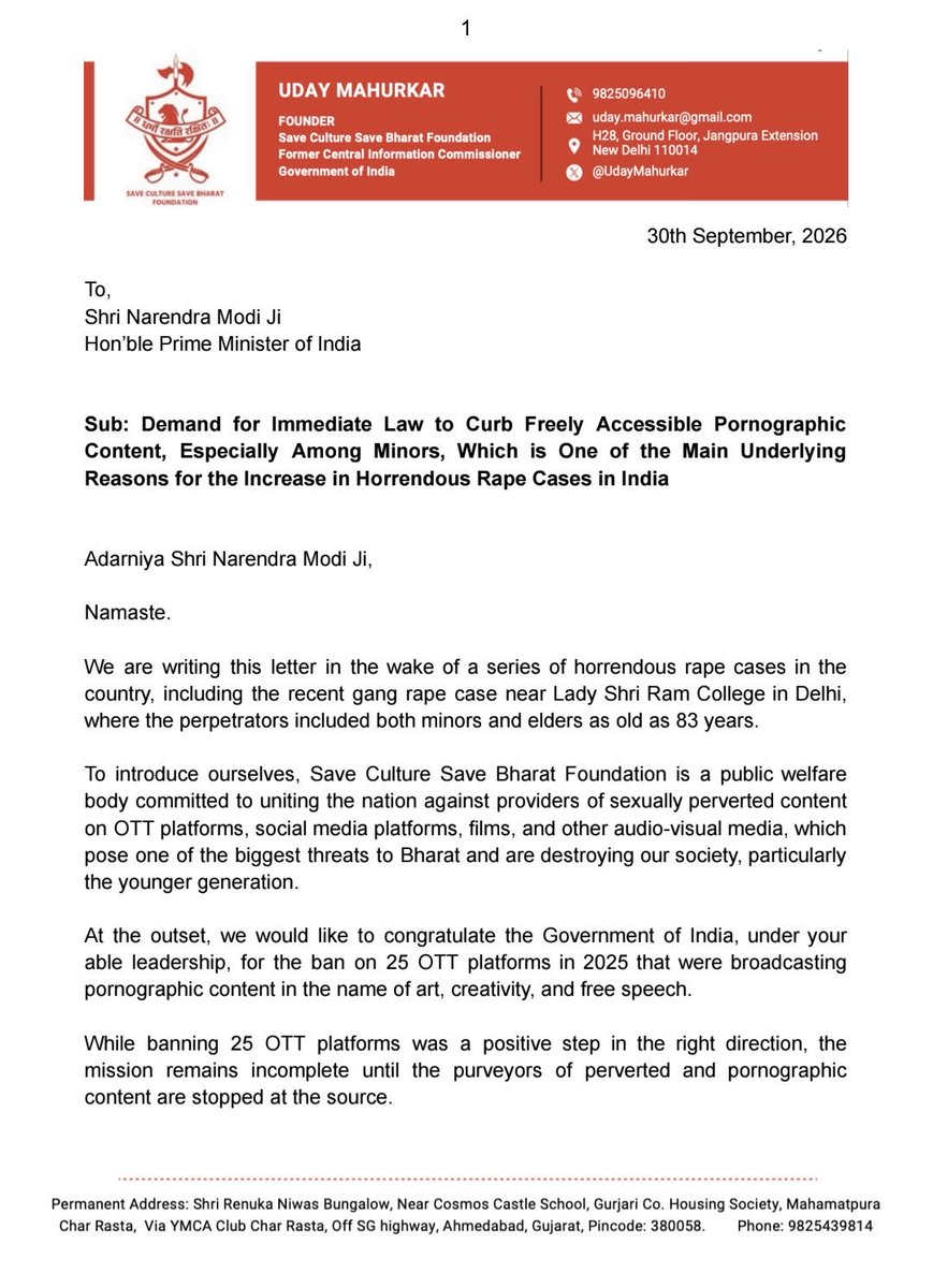 UdayMahurkar's tweet photo. My letter to Hon PM @narendramodi appealing to him to make strict laws to curb p0rnography , 1 of the main causes of r@pe cases in the country. It says if Bharat wants to realise its dream of becoming Vishwaguru, as predicted by Vivekanand & other saints, then this step is a must. 

It says over 16 countries have banned p0rnography for minors & India should do the same without delay. 

This is a must-read letter for all those who want to know main cause  of horrible r@pe cases in the country & the solution to the problem.
