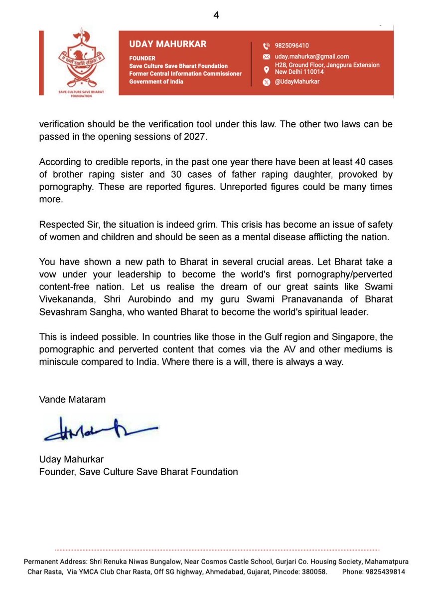 UdayMahurkar's tweet photo. My letter to Hon PM @narendramodi appealing to him to make strict laws to curb p0rnography , 1 of the main causes of r@pe cases in the country. It says if Bharat wants to realise its dream of becoming Vishwaguru, as predicted by Vivekanand & other saints, then this step is a must. 

It says over 16 countries have banned p0rnography for minors & India should do the same without delay. 

This is a must-read letter for all those who want to know main cause  of horrible r@pe cases in the country & the solution to the problem.