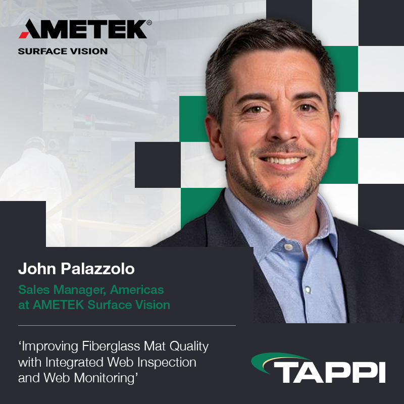 surfacevision's tweet photo. How can fiberglass mat manufacturers use inspection data to support process improvement, reduce waste, and improve yield?

Next week at the Fiberglass Mat Technology Forum, John Palazzolo, Sales Manager, Americas at AMETEK Surface Vision, will present "Improving Fiberglass Mat Quality with Integrated Web Inspection and Web Monitoring."

Using examples from operational installations, John will discuss the detection of common quality issues, including wrinkles, fiber bundles, long fibers, and binder anomalies.

He will also demonstrate how inspection data supports root-cause investigations of quality deviations and process upsets. 

If you are attending the forum, be sure to join John's presentation.

📅 October 6, 2026
📍 Charlotte, NC

#FiberglassMat #QualityControl #TAPPI #SurfaceInspection @TAPPITWEETS