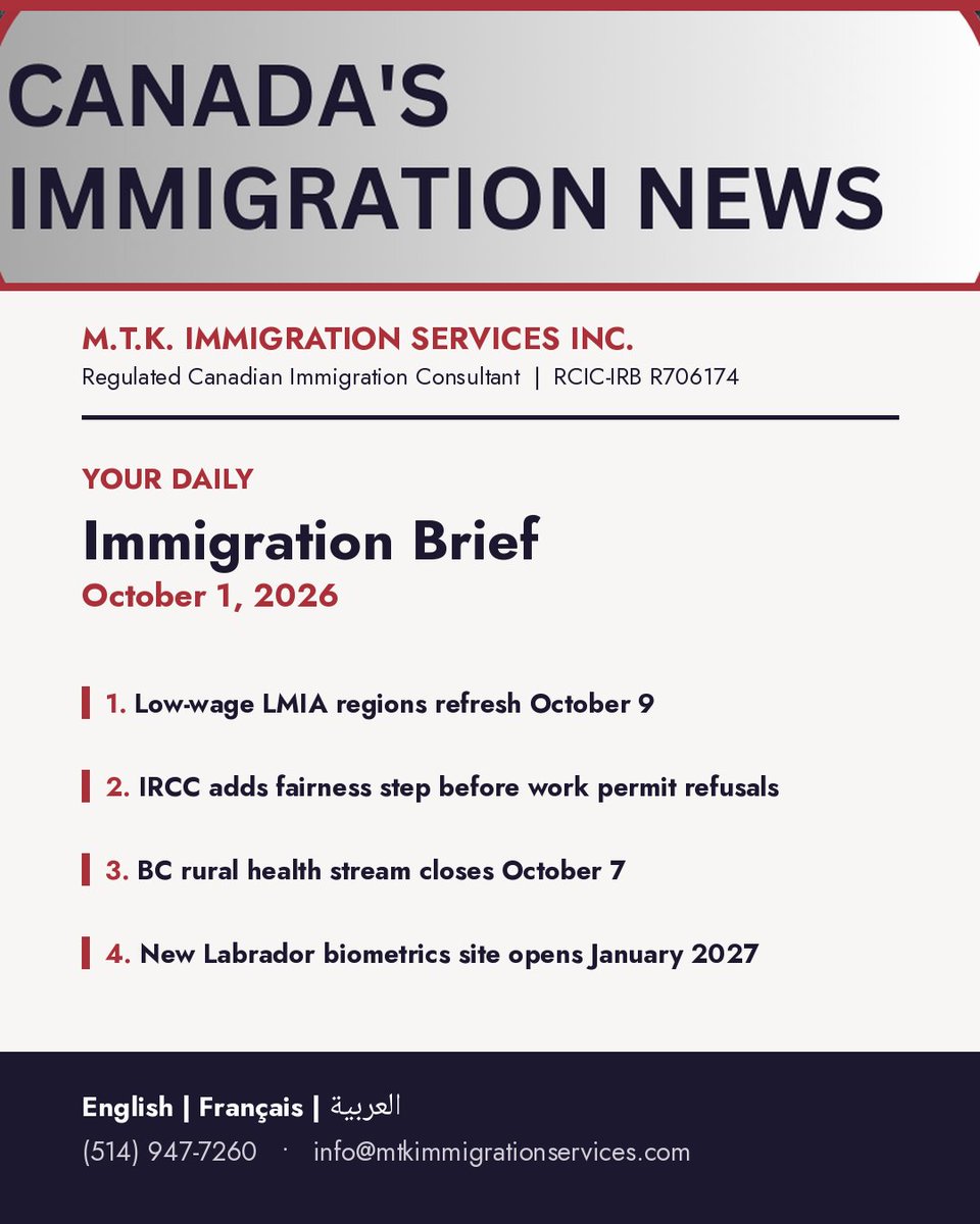 MTK_Immigration's tweet photo. From October 9, Canada updates which regions block low-wage LMIA applications over 6 percent unemployment. Montreal, Toronto, and Vancouver are restricted now. Check your region before you file. #CanadaImmigration #LMIA https://t.co/cvGmi5SbDL
