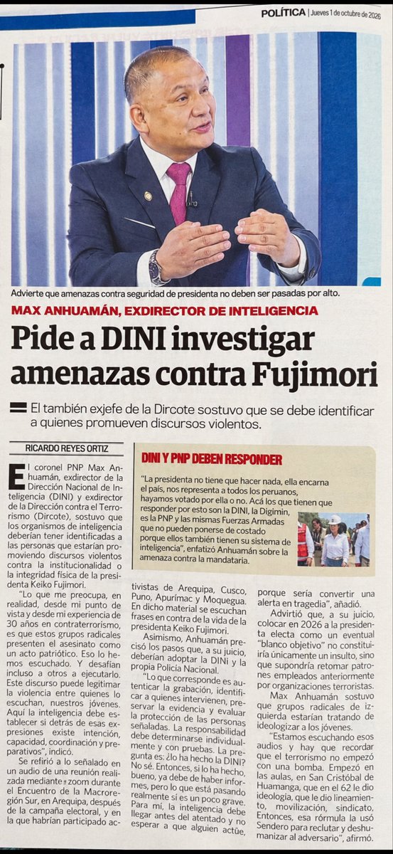 M_ochero's tweet photo. Hoy en Expreso, pág. 8. Las amenazas contra la presidenta Keiko Fujimori no se archivan como “opinión radical”.
En el audio del Encuentro de la Macroregión Sur se presenta el asesinato de la jefa de Estado como acto patriótico y se desafía a ejecutarlo. Eso no es crítica: es el lenguaje previo a la acción.
La presidenta no tiene que responder. Ella encarna al país. Deben responder la DINI, la Digimin, la PNP y las FF.AA.: autenticar la grabación, identificar a quienes hablan, preservar la evidencia y evaluar la protección. Caso por caso, con pruebas.
El terrorismo no empezó con una bomba, empezó en la aulas.
Sendero usó esa fórmula para reclutar y deshumanizar al adversario. Hoy se repite el molde: “no somos terroristas, somos patriotas”, “no hay otra manera”, “grupo cerrado”.
La inteligencia llega antes del atentado, no después del parte. Convertir a la presidenta electa en blanco no es un insulto: es retomar un patrón que este país ya pagó.
Por un
#PerúSinSombras
