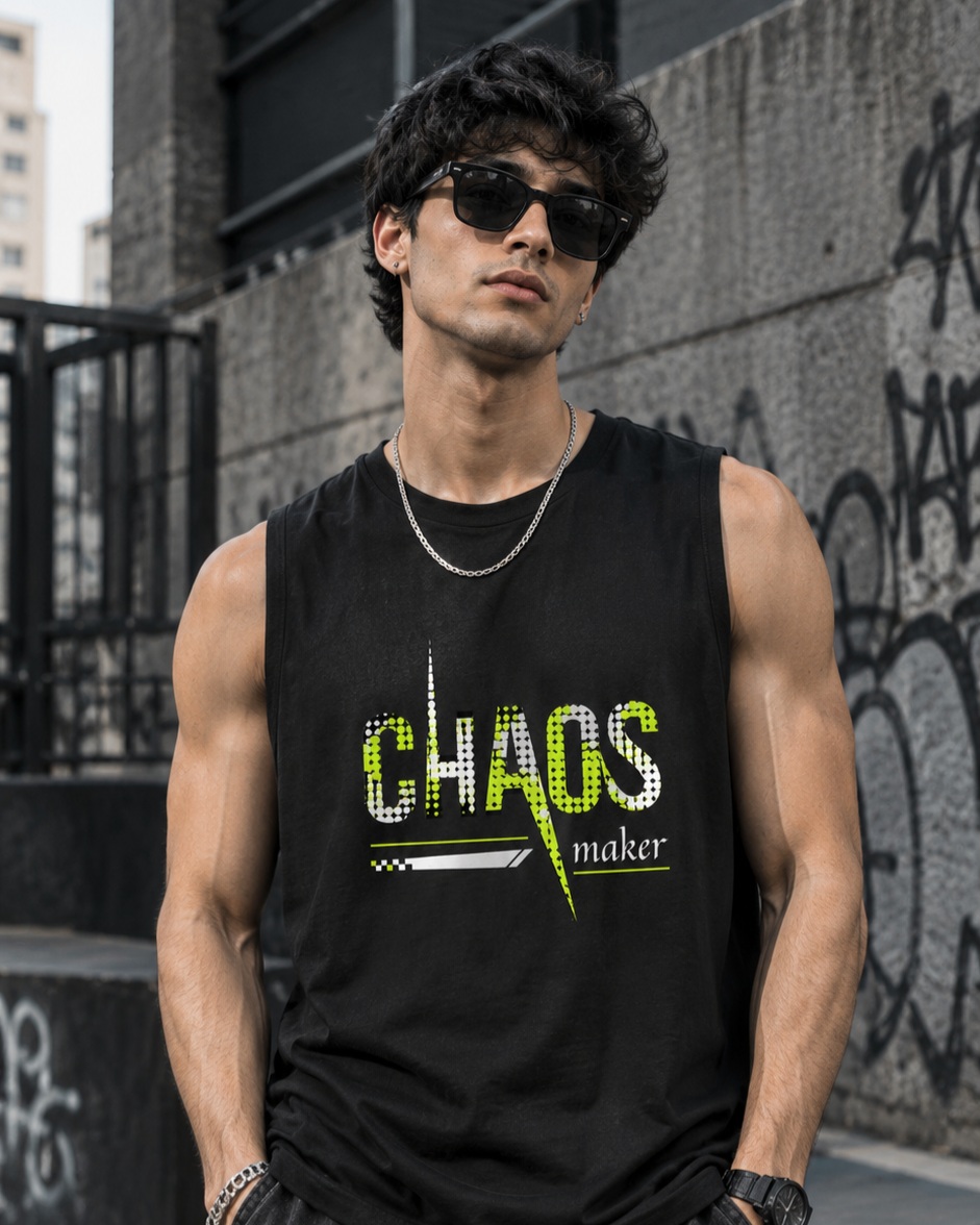 rdgzbruno's tweet photo. CHAOS MAKER. 🖤⚡

Bold graphics. Clean fit. Pure urban energy. This black CHAOS Maker graphic tank top brings a striking lime green and white design into a modern streetwear look. Pair it with baggy cargo pants, sneakers, sunglasses and silver https://t.co/Wt9ZwVt120