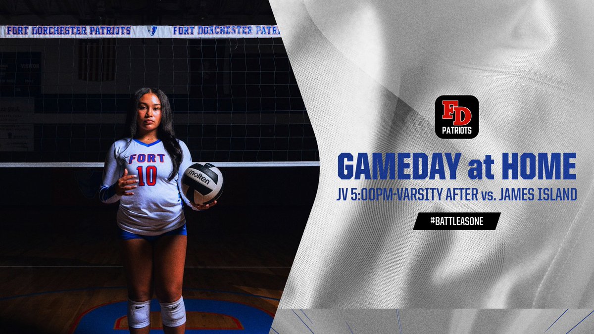 FDpatriots's tweet photo. WE’RE BACK AT HOME TONIGHT WHERE WE WILL FACE JAMES ISLAND. JV STARTS AT 5:30 AND VARSITY PLAYS IMMEDIATELY AFTER. FILL THE STANDS AND BRING THE NOISE. SEE YOU THERE! GO PATRIOTS! #BATTLEASONE https://t.co/XKudd3EzMb