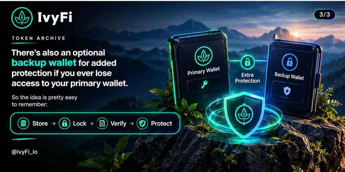 Big_Issy01's tweet photo. @IvyFi_io There’s also an optional backup wallet for added protection if you ever lose access to your primary wallet.

So the idea is pretty easy to remember:

Store → Lock → Verify → Protect. 🔐🌿
@IvyFi_io https://t.co/SYJBKyHjGL