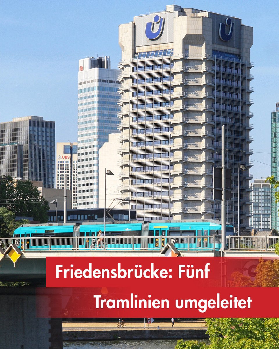 Stadt_FFM's tweet photo. 🚊 Wegen umfangreichen Gleisbauarbeiten an der Haltestelle Friedensbrücke fahren die Straßenbahnen 12, 15, 17, 18 und 21 von Montag, 5. Oktober, bis Montag, 12. Oktober, auf geänderten Routen.
Zeitweise gibt es Schienenersatzverkehr.

Mehr dazu 👉 https://t.co/FvaHSI4akX
@vgf_ffm https://t.co/Xd21vUOvxj