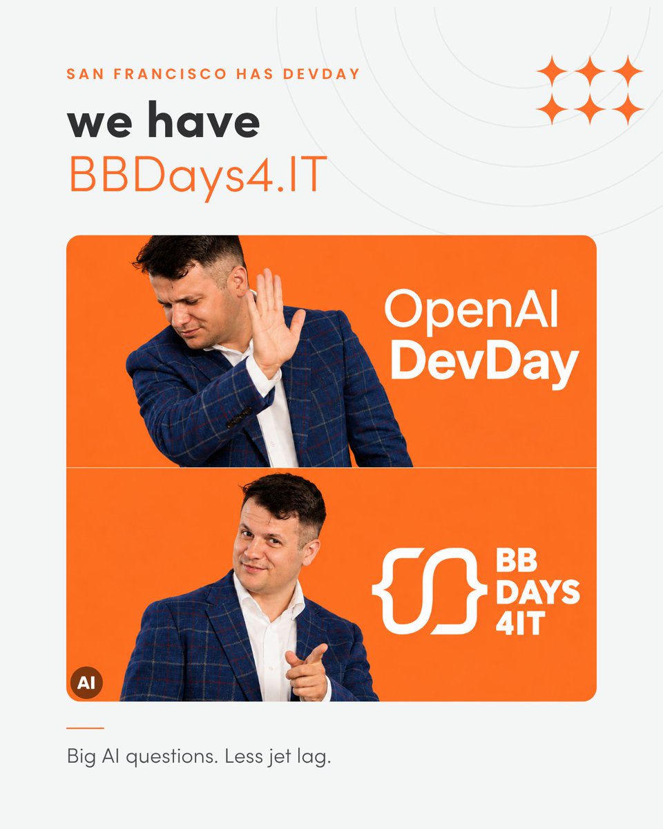 selleo's tweet photo. San Francisco has DevDay.  
We have https://t.co/RXbVHgdyxZ.  

Same big AI questions, less jet lag.  
AI can speed up delivery, but generated code still needs testing, architectural review and a plan for maintenance.  
AI moves fast.  
Our engineers make sure quality keeps up. https://t.co/3MY3Pic5Ut