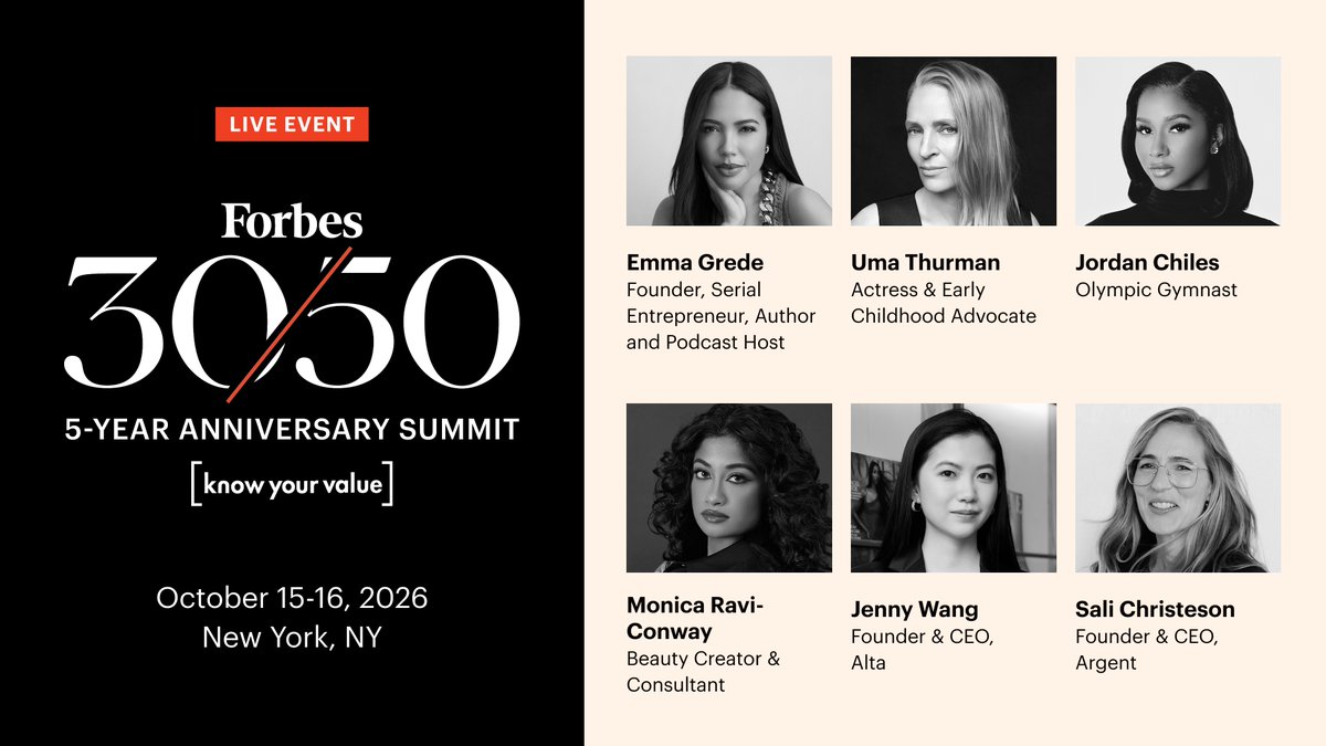ForbesPR's tweet photo. @ForbesWomen and @KnowYourValue announced the #Forbes3050 5-Year Anniversary Summit, taking place from October 15-16, convening women across the Forbes 30 Under 30 and 50 Over 50 communities, along with other world leaders from policy, business and NGOs. https://t.co/DTJ9BEJGuq https://t.co/yGfCaMSSjd