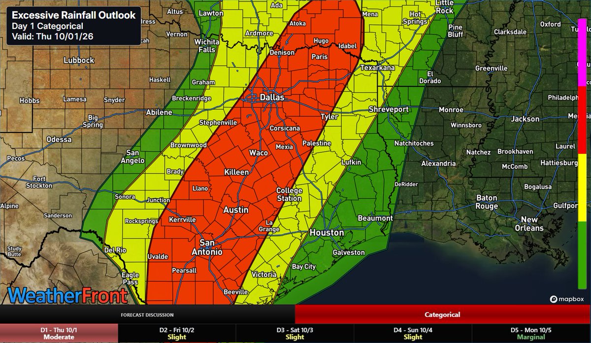 MetricsWXSvr's tweet photo. Slow front taps rich tropical moisture to fuel heavy rain across central/south TX today into Friday. 2–4"+ rain totals present Moderate Excessive Rainfall Risk with urban flash flooding along I-35 corridor before front shifts east.

#txwx #okwx #wxtwitter #severewx https://t.co/X5Pel5ZCxQ