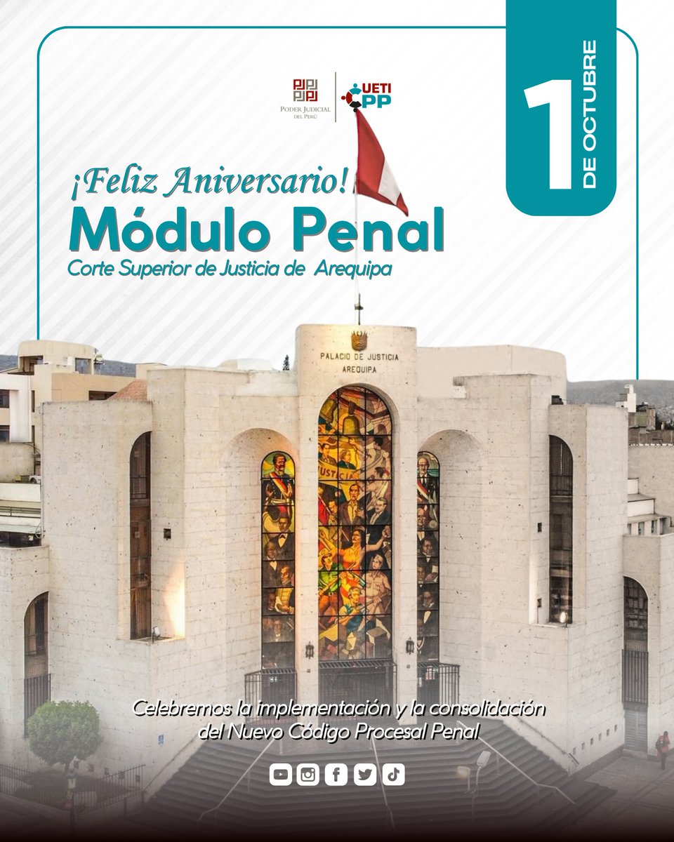 UETICPP's tweet photo. ⭕#COMPROMISO⭕| La #UETICPP les desea un 🎉Feliz Aniversario🎉 a los Módulos Penales de las Cortes Superiores de Justicia de #Arequipa (18 años),#Cusco (17 años), #Loreto (14 años), #MadreDeDios (17 años),... https://t.co/BTlYTflPPs