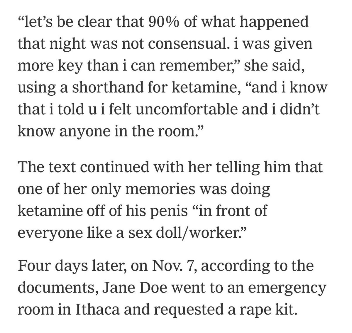AFpost's tweet photo. After going to the Cornell Chi Phi fraternity house on October 19 and 20 to have sex, the Cornell accuser, Jane Doe, hoped to return for a Halloween party but was disinvited by the fraternity president, who considered it a bad idea. 

Doe said, “The woman will always get the short end of the stick,” in response to the disinvitation.

By November 3, she had decided that she had been raped.

Follow: @AFpost