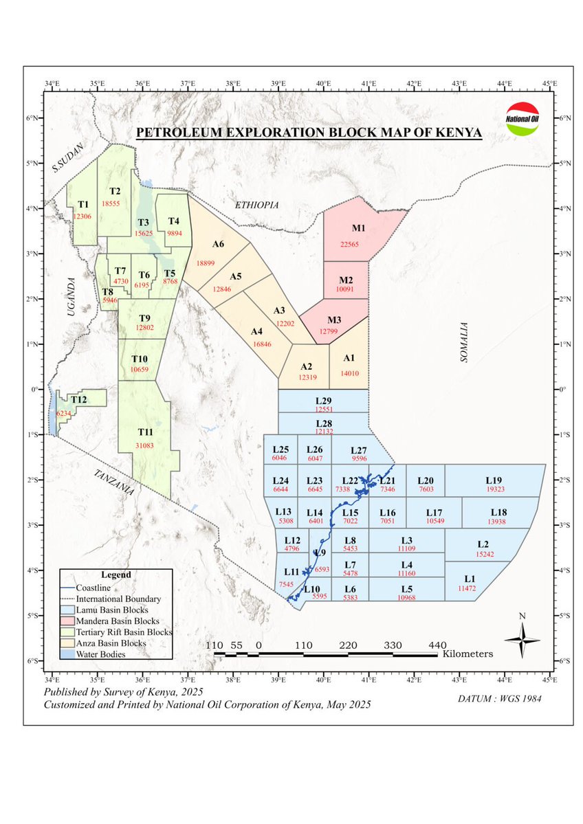 Seid101's tweet photo. We have 50 oil exploration blocks across 4 sedimentary basins covering about 485,000 km². The Lamu Basin is the largest at around 261,000 km², followed by the Tertiary Rift, Anza Basin, and Mandera Basin. I hope the refinery catalyzes the beginning of intentional exploration. https://t.co/kSWjLQjde9