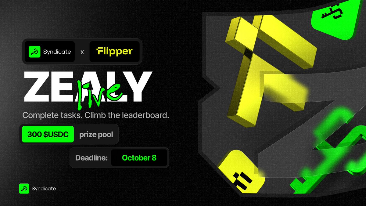 sndcapp's tweet photo. New @flipper_trade Zealy campaign is live 🤝

https://t.co/PEInFXk8j2

300 $USDC split between the top of the leaderboard, running October 1-8.

Complete the quests, climb, and claim your share.

Plus Flipper's running a $25,000 Trading Tournament right now 🏆

Competition's pretty low rn, so it's the best time to join.

New quests keep getting added, so check back 👀