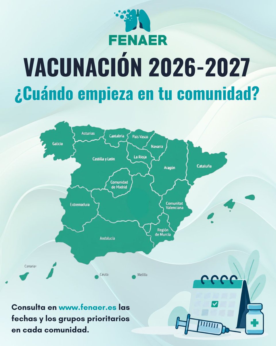 fenaer2's tweet photo. La mayoría de las comunidades autónomas tienen ya fecha para la campaña de vacunación 2026-2027 frente a gripe, COVID-19 y VRS. El inicio es escalonado por grupos.

📅 Consulta cuándo empieza en la tuya y a quién va dirigida 👉 https://t.co/rXqcCeDLda

#Vacunación #SaludRespiratoria