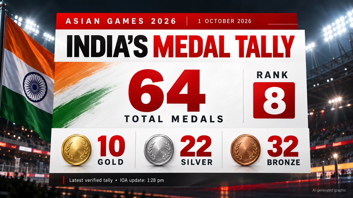 HemanNamo's tweet photo. 🇮🇳 64 medals and counting!

🥇 10 Gold | 🥈 22 Silver | 🥉 32 Bronze

India ranks 8th in the latest verified #AsianGames2026 tally on 1 October. Every podium reflects years of sacrifice. Keep pushing, Team India! 💪 https://t.co/SAJFp9q1FQ
