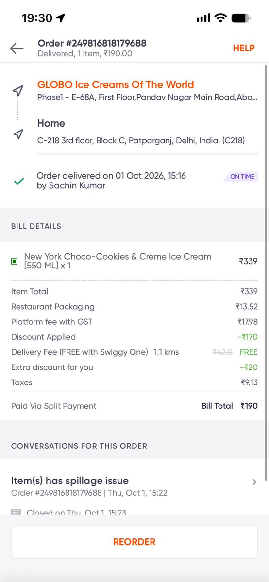 sourish200's tweet photo. @Swiggy this is extremely disappointing. My ice cream arrived with the container badly damaged and the contents spilling out, making it unsafe to consume.

It was handed to me upside down, with the damaged area apparently covered by the cutlery pouch. (1/2) https://t.co/clC28Yt7l3