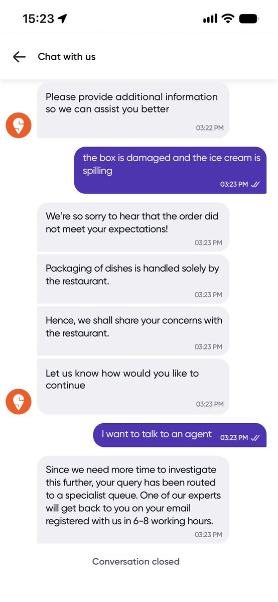 sourish200's tweet photo. @Swiggy this is extremely disappointing. My ice cream arrived with the container badly damaged and the contents spilling out, making it unsafe to consume.

It was handed to me upside down, with the damaged area apparently covered by the cutlery pouch. (1/2) https://t.co/clC28Yt7l3