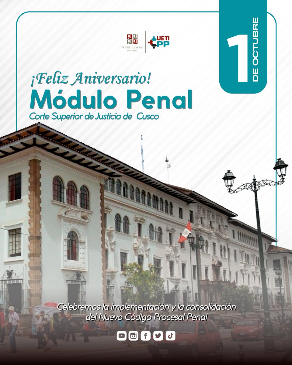 UETICPP's tweet photo. ⭕#COMPROMISO⭕| La #UETICPP les desea un 🎉Feliz Aniversario🎉 a los Módulos Penales de las Cortes Superiores de Justicia de #Arequipa (18 años),#Cusco (17 años), #Loreto (14 años), #MadreDeDios (17 años),... https://t.co/BTlYTflPPs