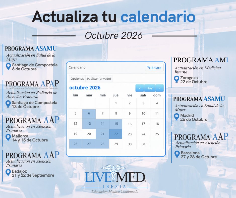 LivemedIberia's tweet photo. 📅 ¡Actualiza tu agenda de #octubre 2026 con los pr��ximos eventos de #formaciónmédica de #LiveMed!
🔗 Consulta los programas completos y reserva tu plaza:
https://t.co/ziEx0D4pYU https://t.co/Myf7hdRKpA