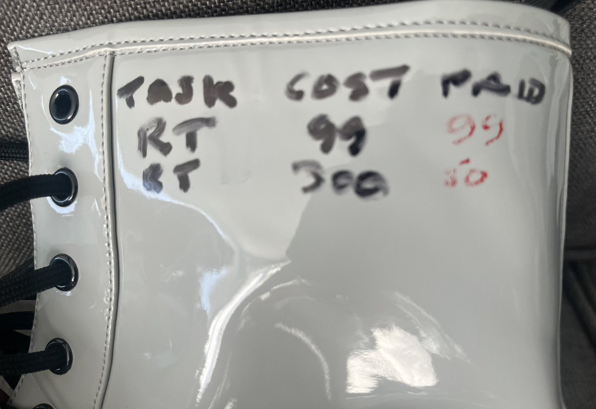 ladfun69's tweet photo. @RuinUrShoes wants me to keep a record of my #debtordamage tasks and #rtgames naturally the best place for the debt ledger is a brand new pair of boots https://t.co/K9RdDwA4be