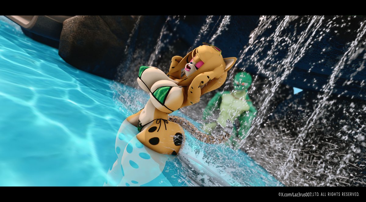 Laz3rus007's tweet photo. Part 5: she found the waterfall and made a splash nobody could ignore. Somebody's been peeking from behind the falls, and honestly, who could blame him? 🌴💦
#Poolside #Summer #Tropical #Anthro #FurryArt #Furry #Bikini #3D https://t.co/LNb4StOeAF