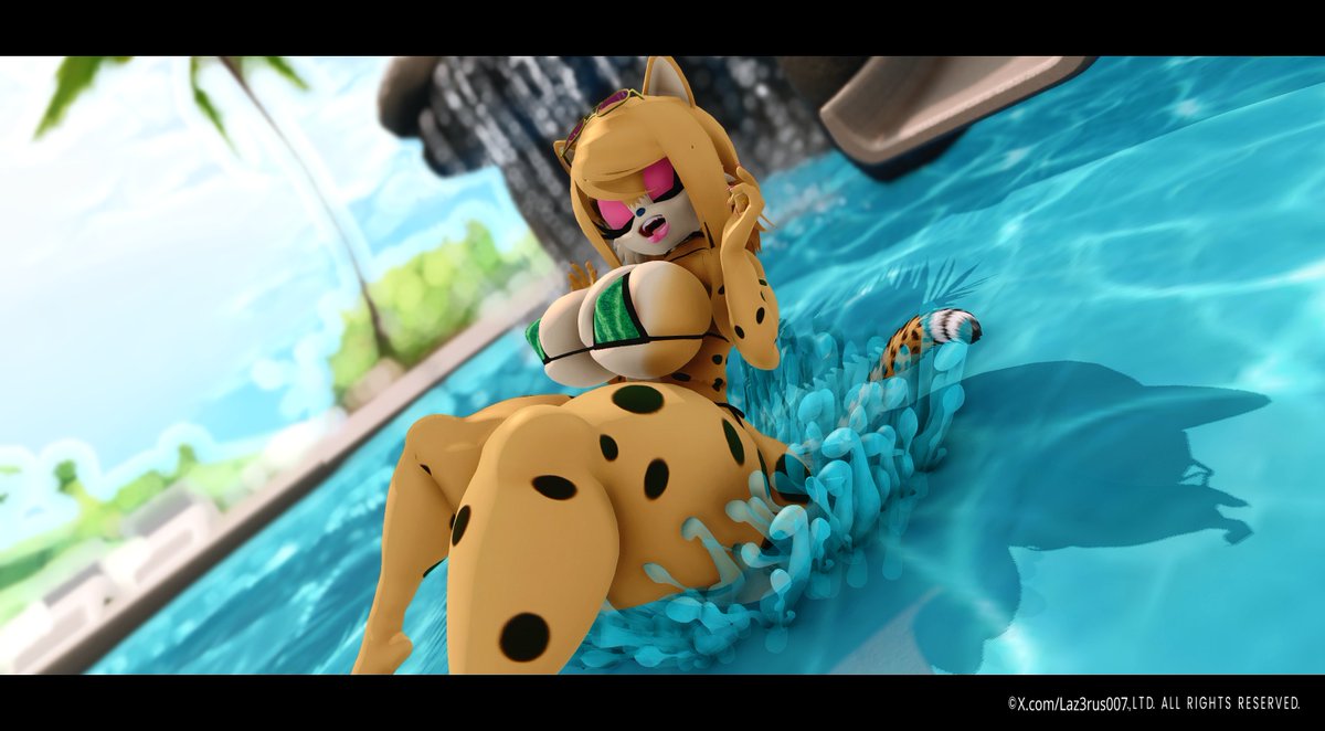 Laz3rus007's tweet photo. Part 5: she found the waterfall and made a splash nobody could ignore. Somebody's been peeking from behind the falls, and honestly, who could blame him? 🌴💦
#Poolside #Summer #Tropical #Anthro #FurryArt #Furry #Bikini #3D https://t.co/LNb4StOeAF
