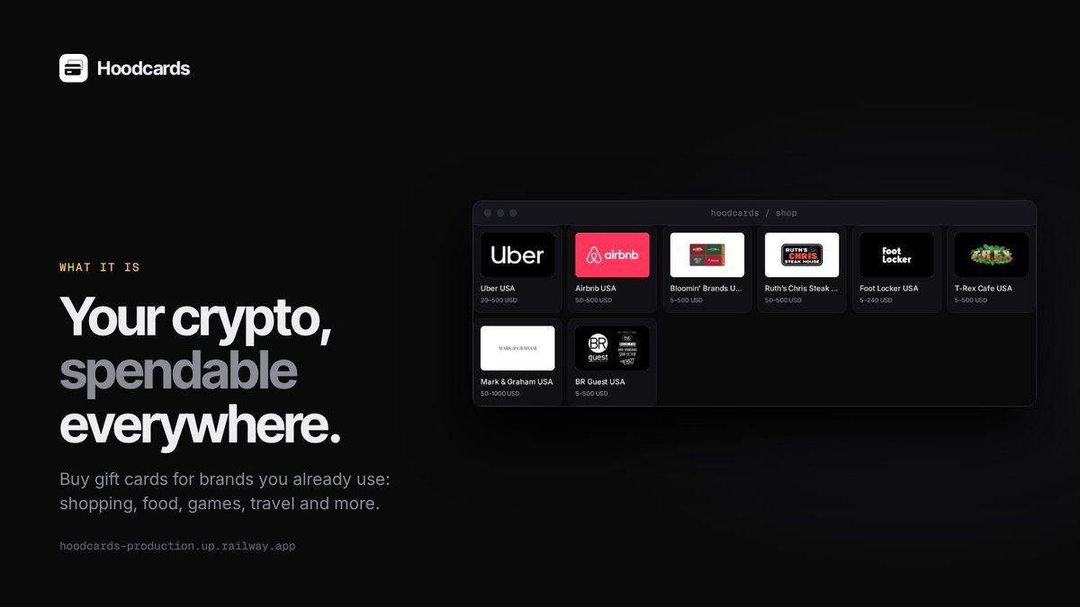 UseHoodCardsRH's tweet photo. Your crypto, spendable everywhere.

Buy gift cards for brands you already use: shopping, food, games, travel and more.

https://t.co/K0cC0Gy6oZ https://t.co/S52EN8ba0o