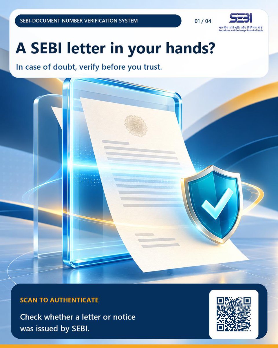 SEBI_updates's tweet photo. SEBI revamps its “Document Number Verification System”.

More details at: https://t.co/a11DCCfoz5

#SEBI #PressRelease https://t.co/HqDsS338qq