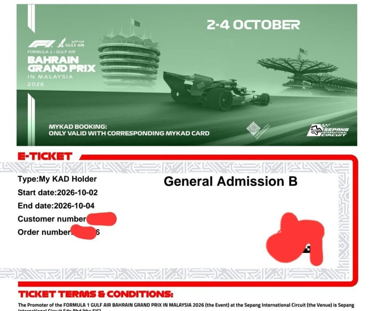 nurmuhammad71's tweet photo. WTS
 F1 SEPANG TICKETS 🏁🇲🇾

I have a few extra tickets available:
• 1x Main Grandstand 
• 3x  G Hill Stand
• 2x K1 Grandstand
DM me if interested!
Price nego 
Dm

#F1Sepang #MalaysiaGP #F1inMalaysia https://t.co/XQVQ6pfVli