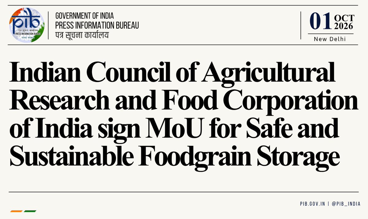 PIB_India's tweet photo. ▪️The Indian Council of Agricultural Research (ICAR) and the Food Corporation of India (FCI) signed a Memorandum of Understanding (MoU to undertake research on alternative fumigation technologies for safe and sustainable management of storage pests in wheat and rice. 

▪️The research study is supported by the Department of Food & Public Distribution (DFPD), Ministry of Consumer Affairs, Food & Public Distribution.

▪️The two-year Phase-I project will be implemented by ICAR–Central Institute of Post-Harvest Engineering and Technology (CIPHET), Ludhiana.

Want to know more? Read here: https://t.co/npbwYHzWK5

@AgriGoI    @FCI_India  @icarindia