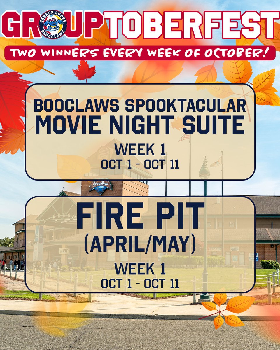 BlueClaws's tweet photo. Happy Grouptoberfest! Anyone that books their 2027 group outing this month will be entered to win select prizes - we have two per week and one grand prize winner gets 2027 front-row Phillies tickets! 2027 will be here soon and it's going to be our best year yet! More below.⬇️ https://t.co/3FhbNPjQAG